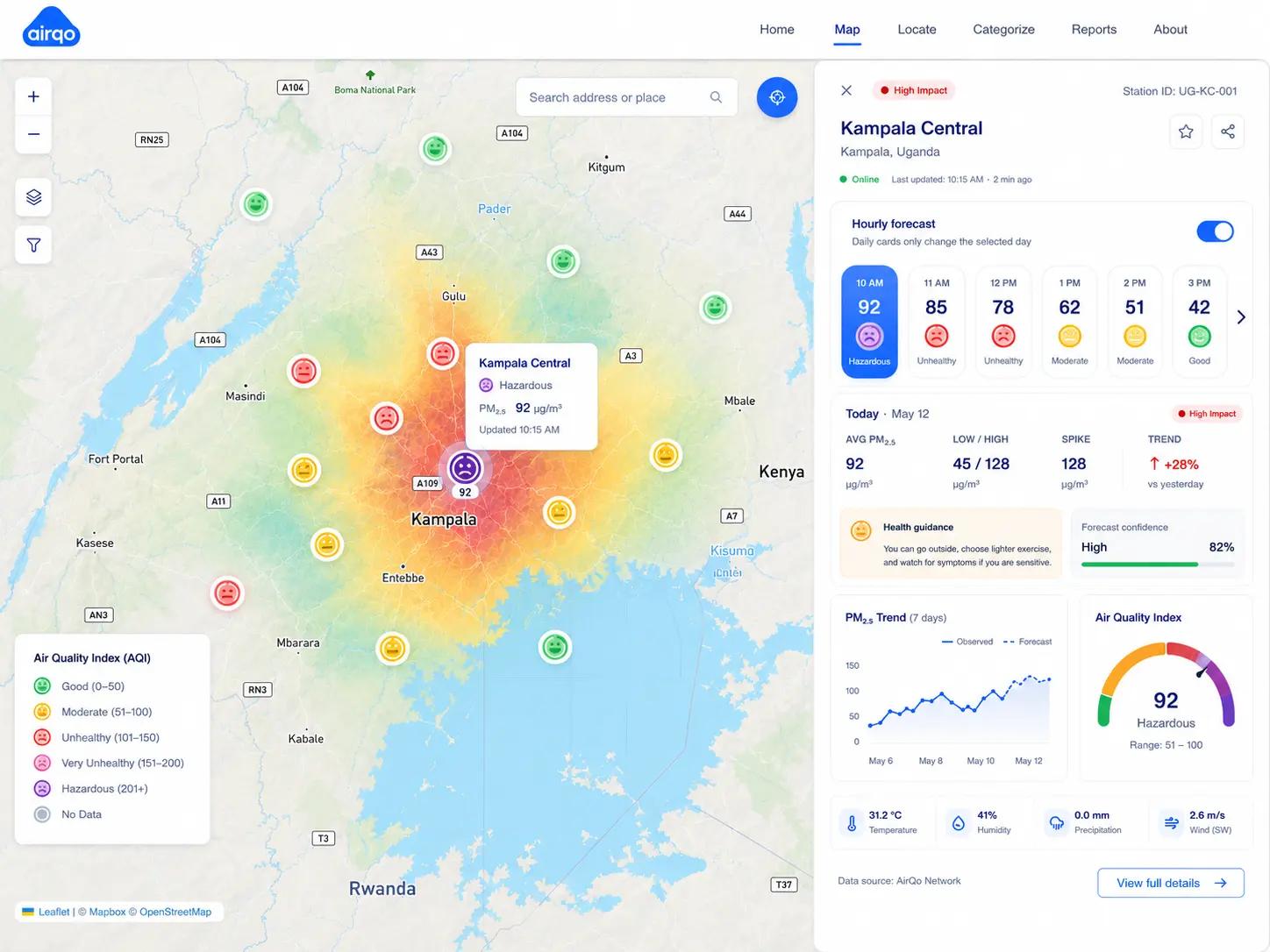AirQo AI map with a selected monitoring node and forecast details for the chosen location