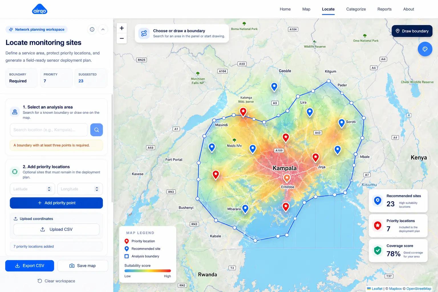 AirQo AI Locate map with boundary planning, recommended sites, and priority monitoring locations